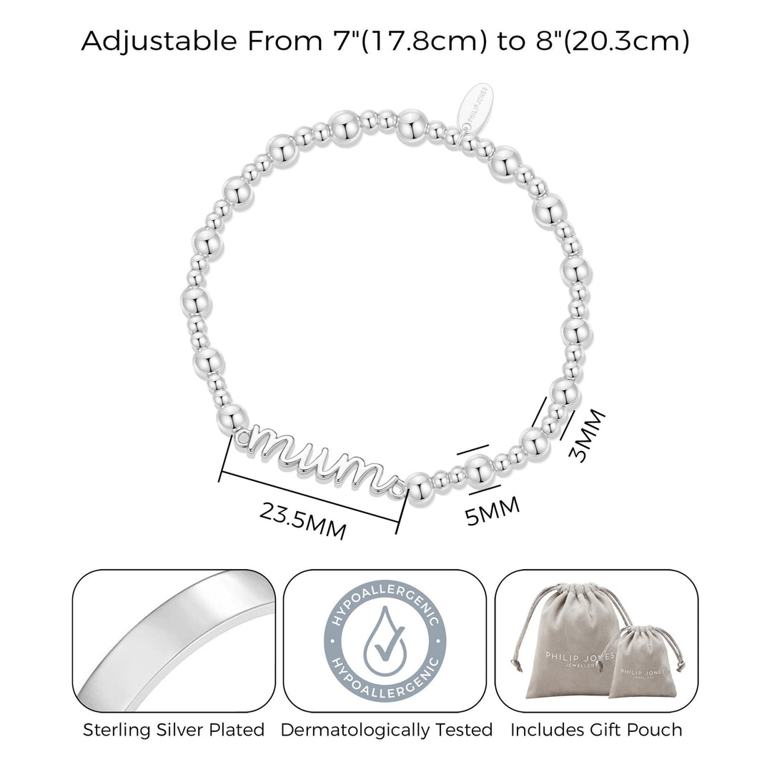 Silver Plated Mum Beaded Stretch Bracelet - Philip Jones Jewellery