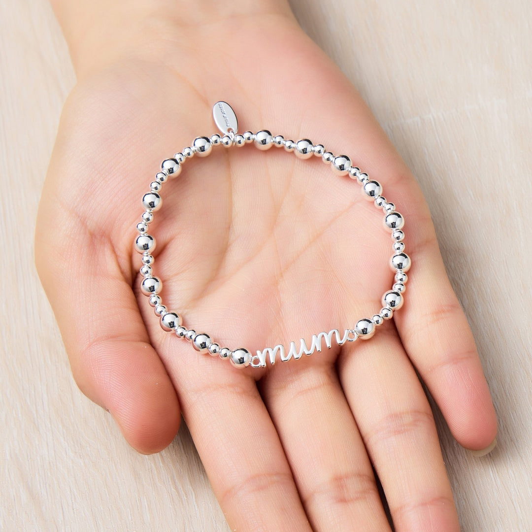 Silver Plated Mum Beaded Stretch Bracelet - Philip Jones Jewellery