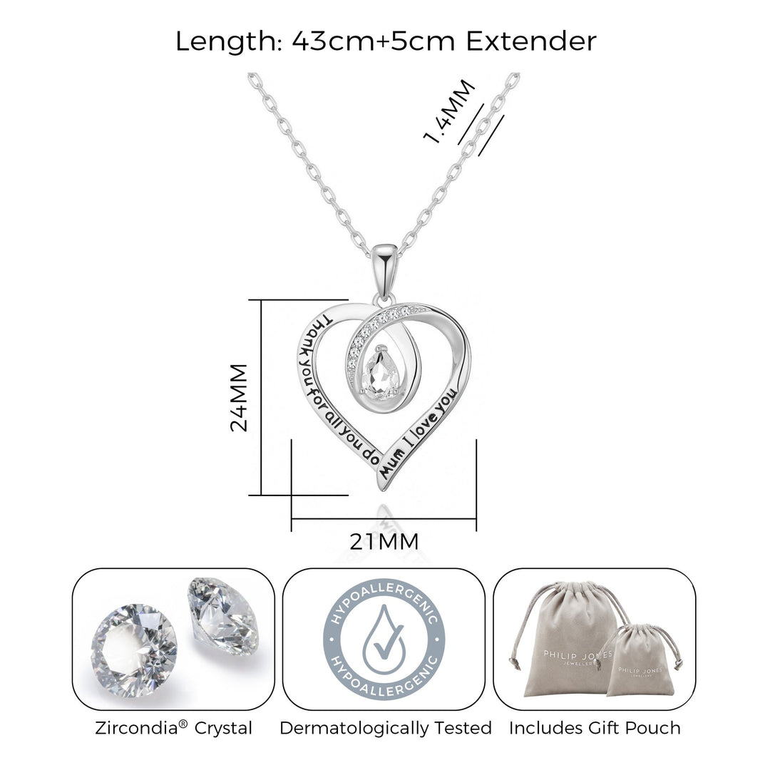 Silver Plated Mum I Love You Quote Necklace Created with Zircondia® Crystals - Philip Jones Jewellery
