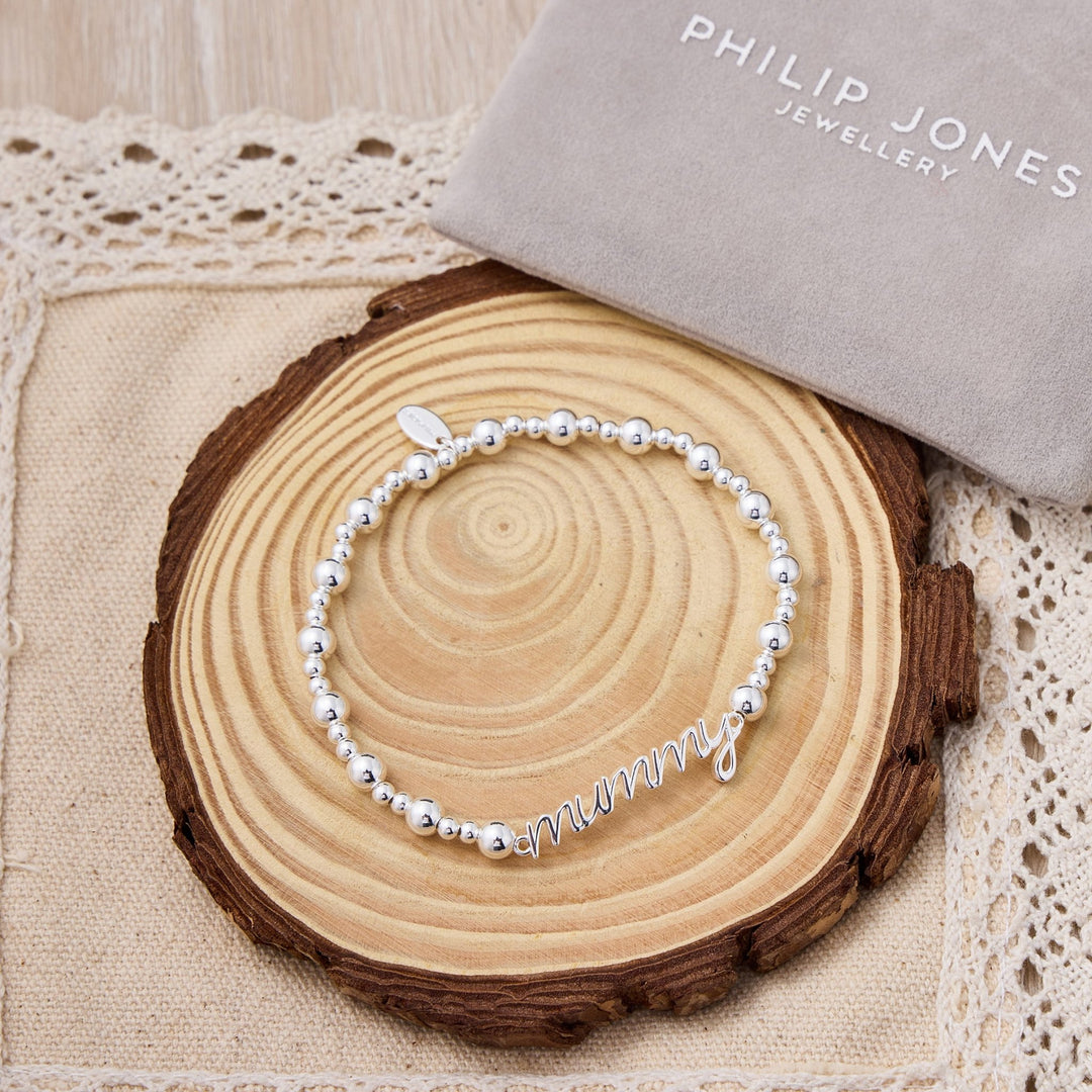 Silver Plated Mummy Beaded Stretch Bracelet - Philip Jones Jewellery