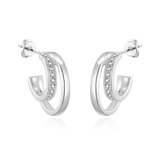 Silver Plated Open Double Hoop Earrings Created With Zircondia® Crystals - Philip Jones Jewellery