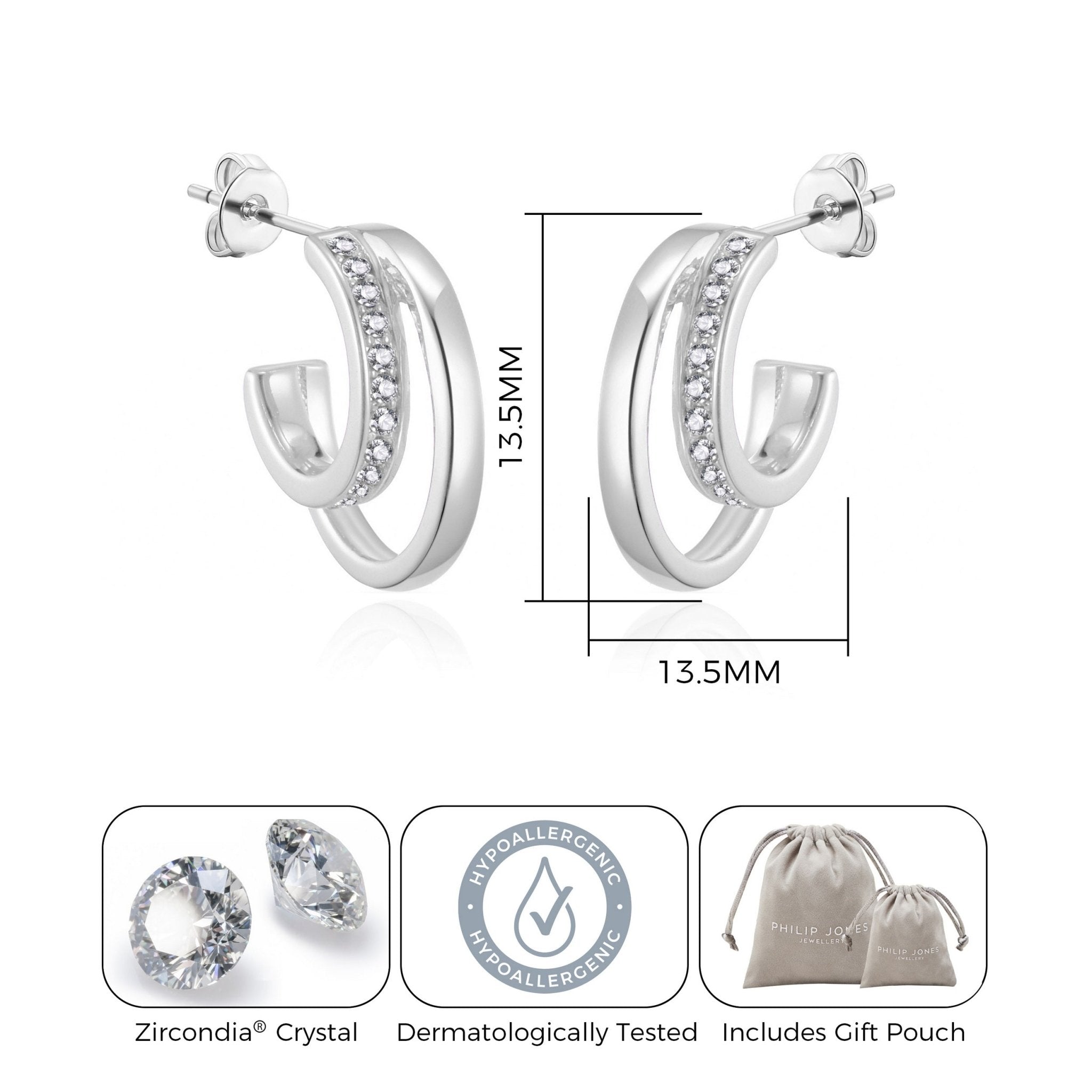 Silver Plated Open Double Hoop Earrings Created With Zircondia® Crystals - Philip Jones Jewellery