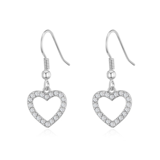 Silver Plated Open Heart Drop Earrings Created with Zircondia® Crystals - Philip Jones Jewellery