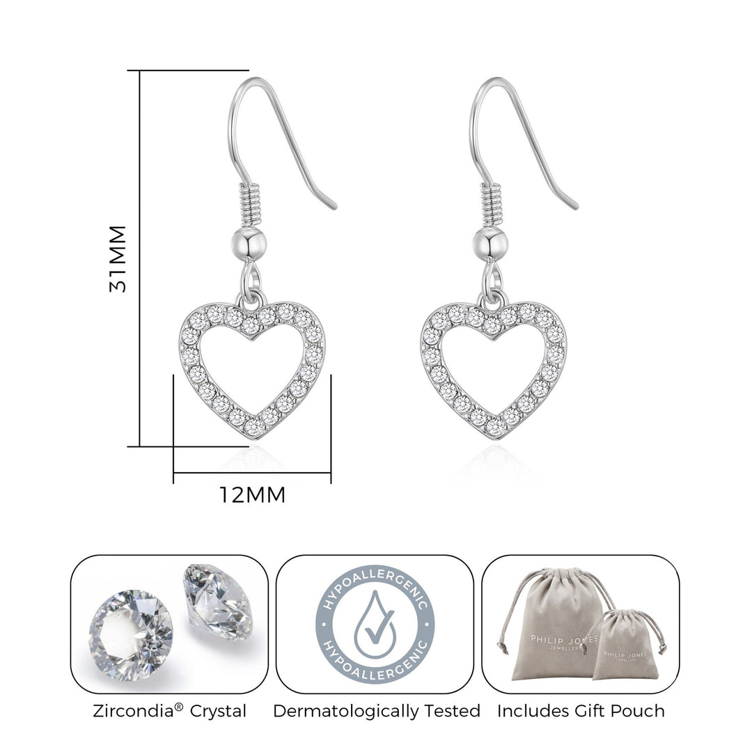 Silver Plated Open Heart Drop Earrings Created with Zircondia® Crystals - Philip Jones Jewellery