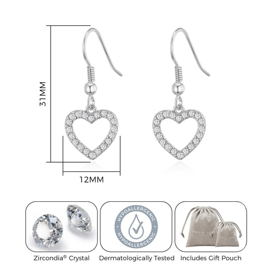 Silver Plated Open Heart Drop Earrings Created with Zircondia® Crystals - Philip Jones Jewellery