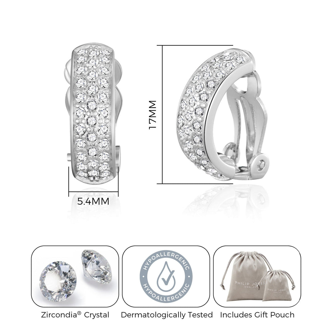 Silver Plated Pave Clip On Earrings Created with Zircondia® Crystals - Philip Jones Jewellery