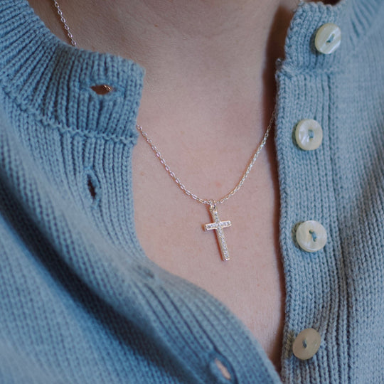Silver Plated Pave Cross Necklace Created with Zircondia® Crystals - Philip Jones Jewellery