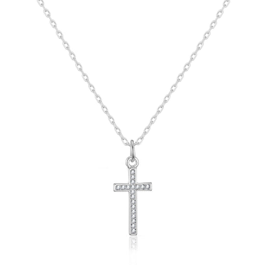 Silver Plated Pave Cross Necklace Created with Zircondia® Crystals - Philip Jones Jewellery