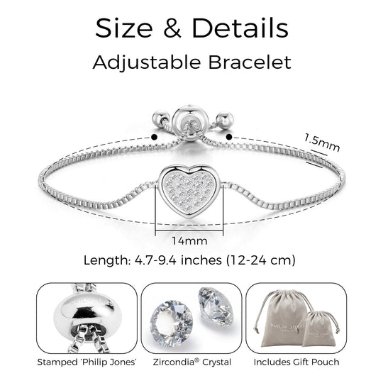 Silver Plated Pave Heart Friendship Bracelet Created with Zircondia® Crystals - Philip Jones Jewellery