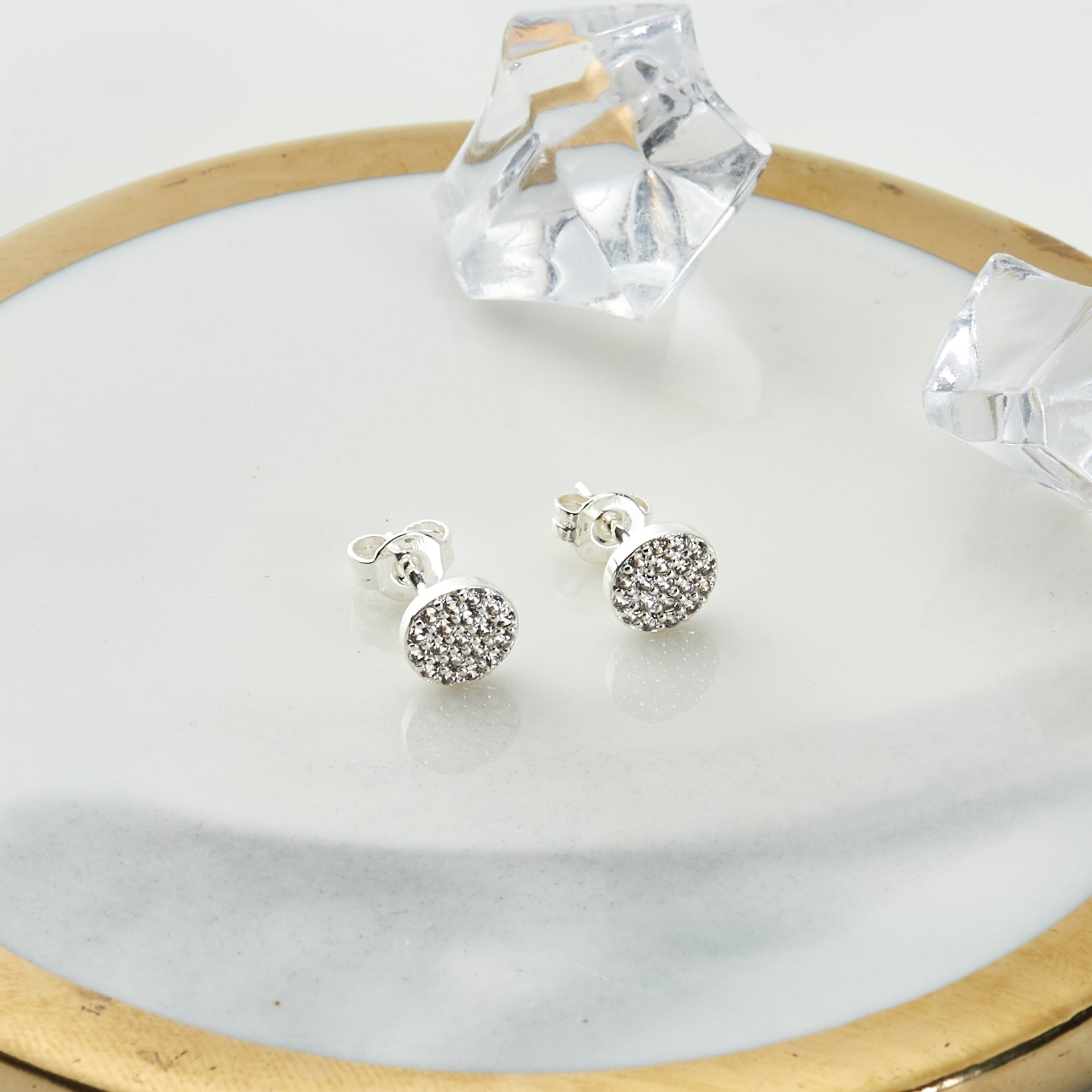 Silver Plated Pave Round Earrings Created with Zircondia® Crystals - Philip Jones Jewellery