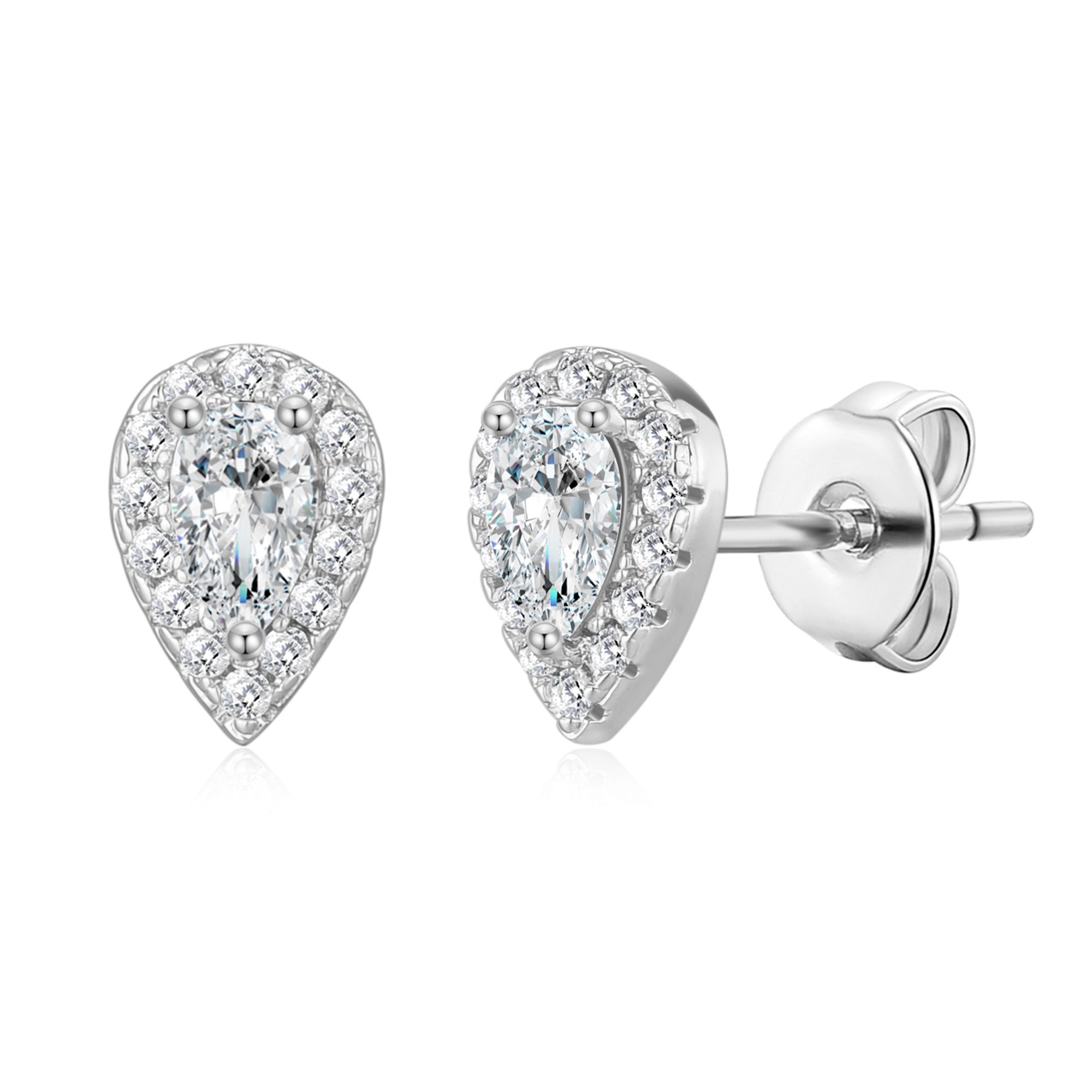 Silver Plated Pear Halo Earrings Created with Zircondia® Crystals - Philip Jones Jewellery