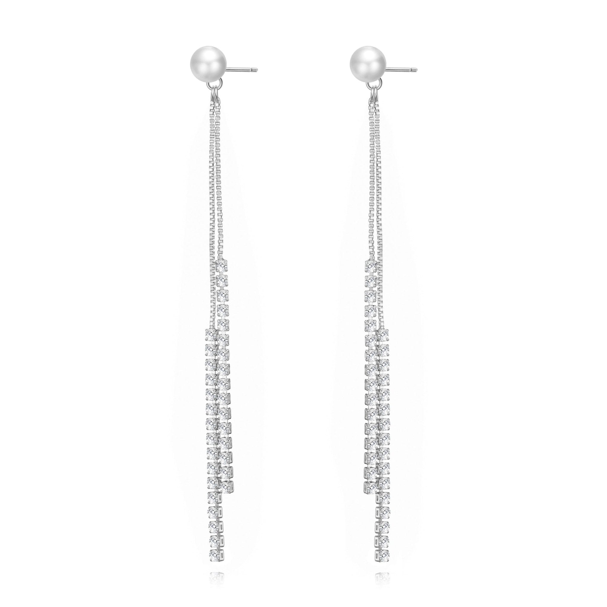 Silver Plated Pearl Dangle Earrings Created with Zircondia® Crystals - Philip Jones Jewellery