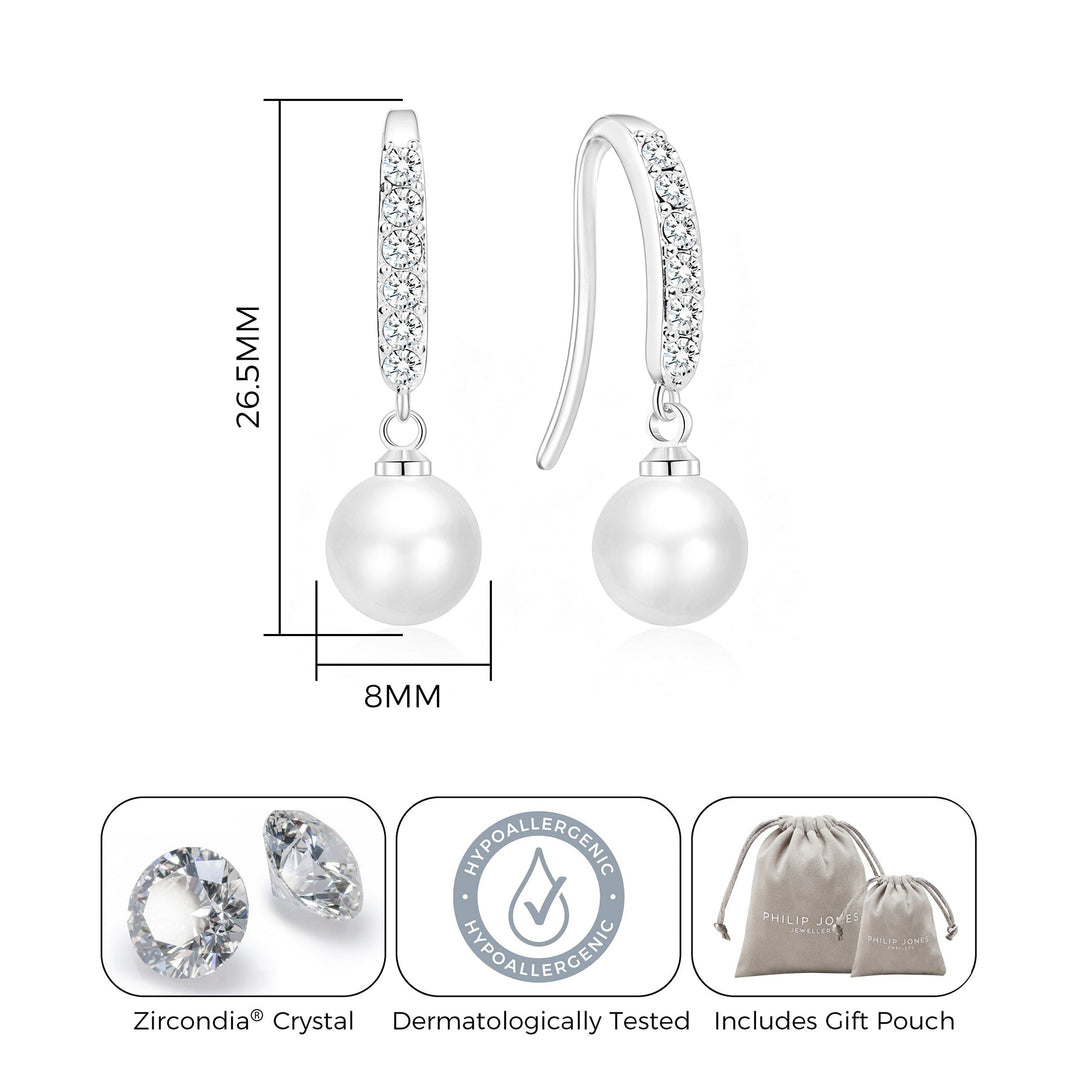 Silver Plated Pearl Drop Bridal Earrings Created with Zircondia® Crystals - Philip Jones Jewellery