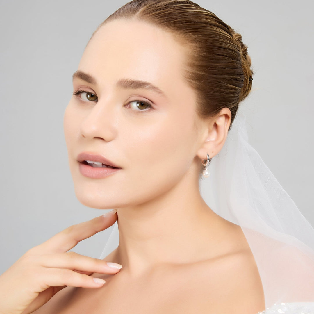 Silver Plated Pearl Drop Bridal Hoop Earrings - Philip Jones Jewellery
