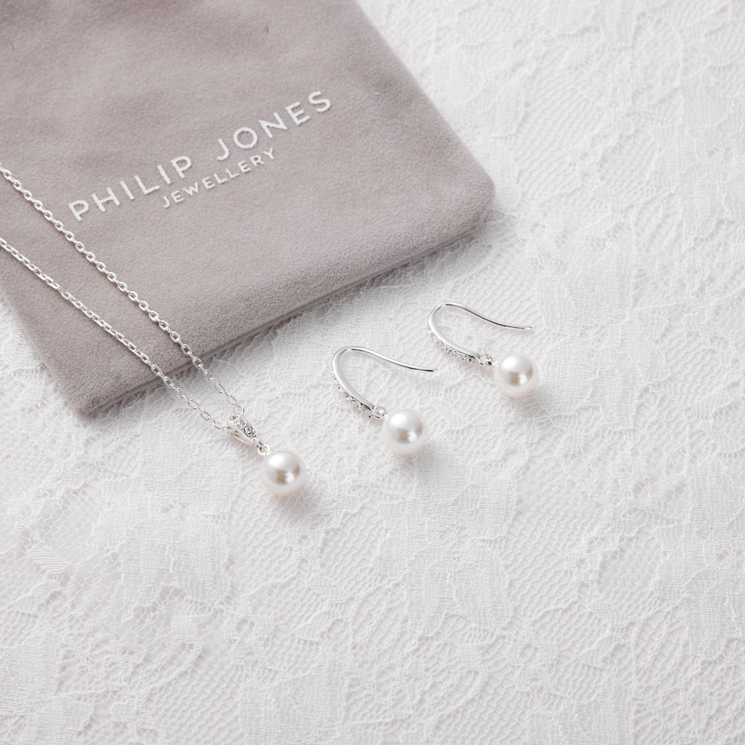 Silver Plated Pearl Drop Bridal Set Created with Zircondia® Crystals - Philip Jones Jewellery