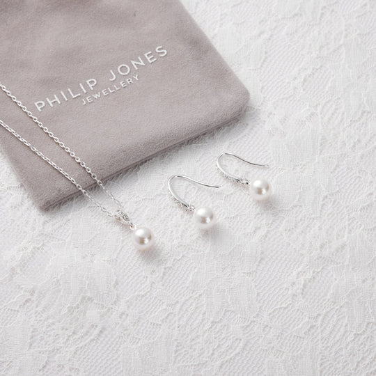 Silver Plated Pearl Drop Bridal Set Created with Zircondia® Crystals - Philip Jones Jewellery