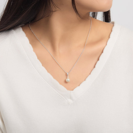 Silver Plated Pearl Drop Necklace Created with Zircondia® Crystals - Philip Jones Jewellery