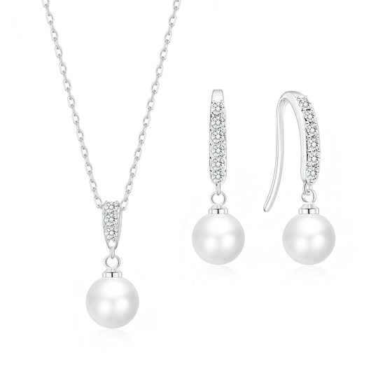 Silver Plated Pearl Drop Set Created with Zircondia® Crystals - Philip Jones Jewellery