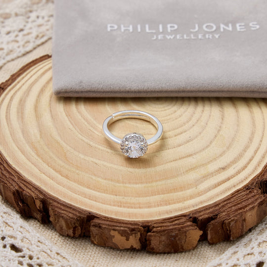 Silver Plated Round Halo Ring Created with Zircondia® Crystals - Philip Jones Jewellery