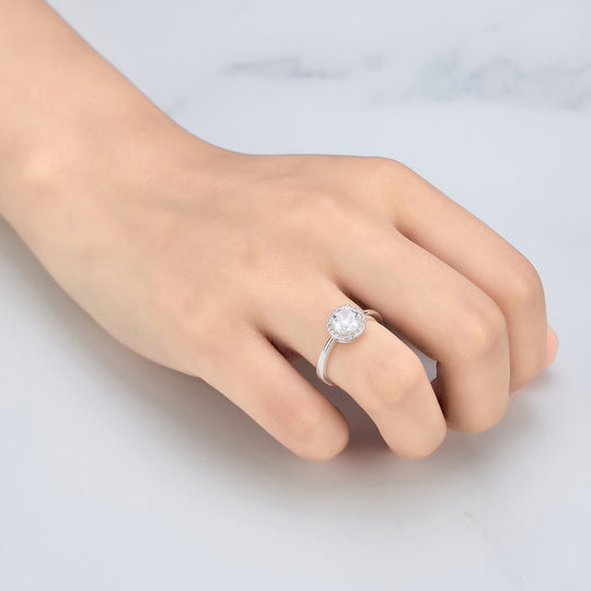Silver Plated Round Halo Ring Created with Zircondia® Crystals - Philip Jones Jewellery