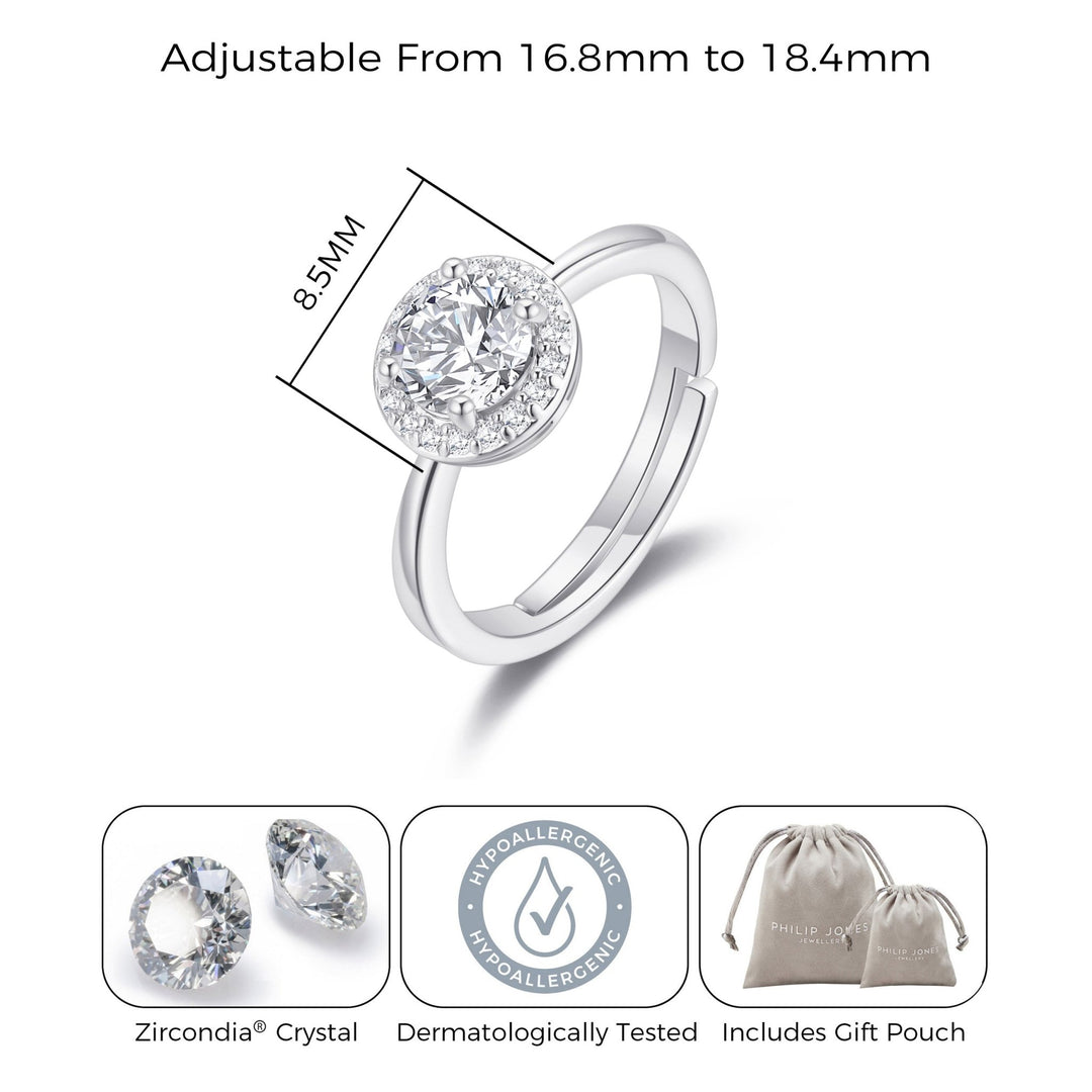 Silver Plated Round Halo Ring Created with Zircondia® Crystals - Philip Jones Jewellery
