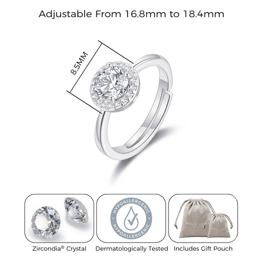 Silver Plated Round Halo Ring Created with Zircondia® Crystals - Philip Jones Jewellery
