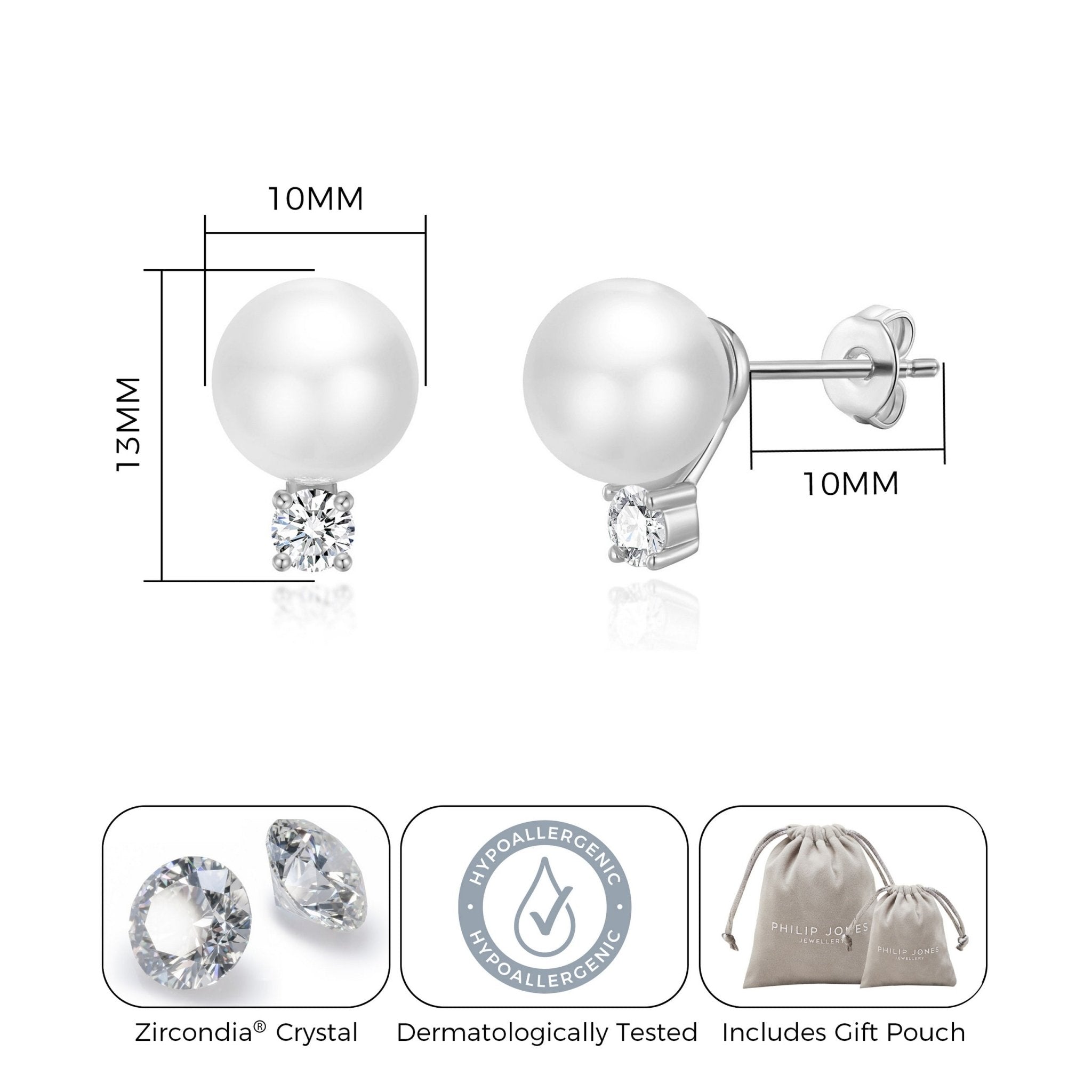 Silver Plated Round Shell Pearl Earrings Created with Zircondia® Crystals - Philip Jones Jewellery