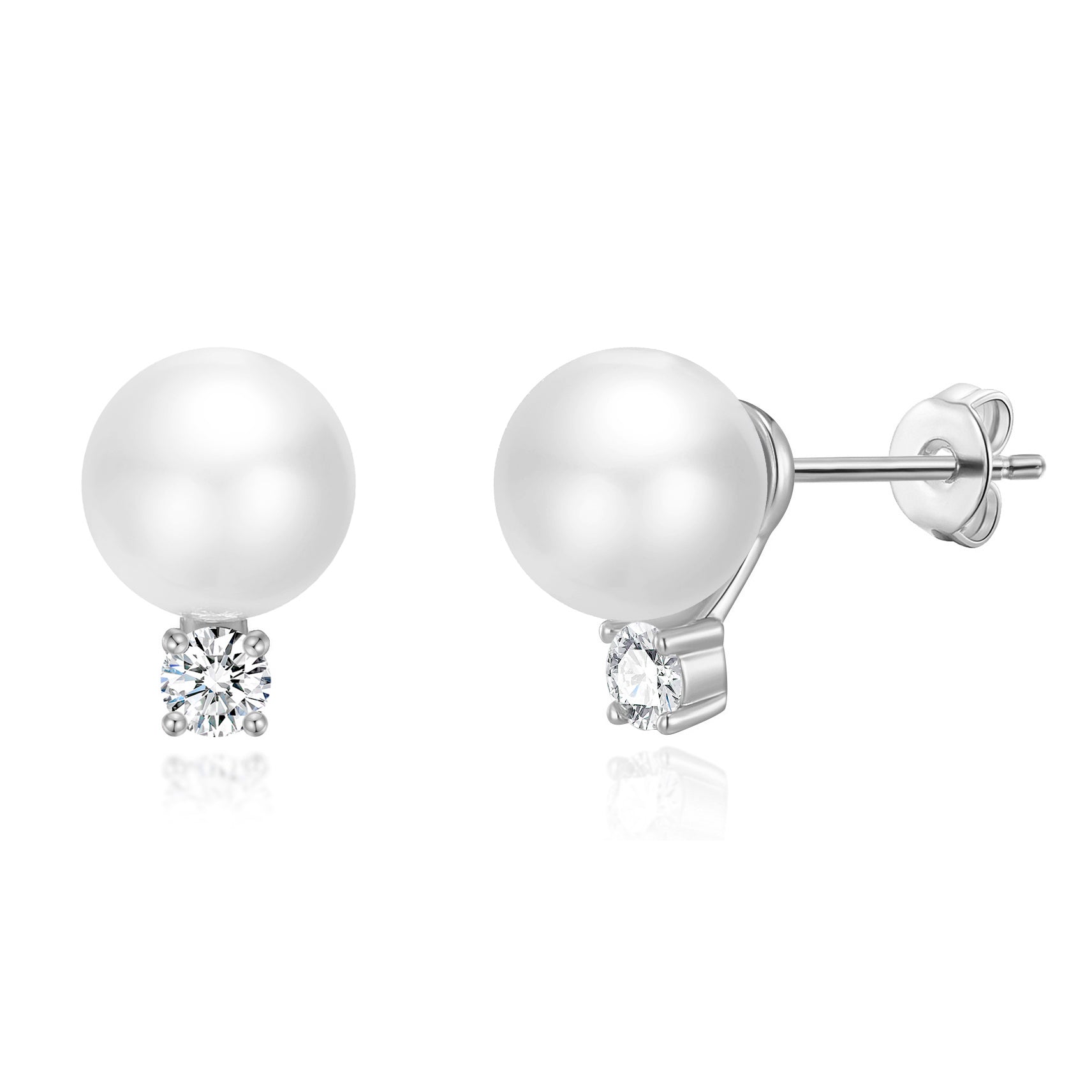 Silver Plated Round Shell Pearl Earrings Created with Zircondia® Crystals - Philip Jones Jewellery