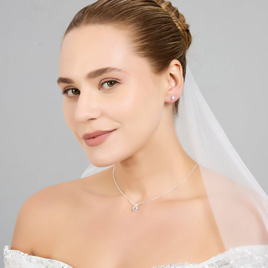Silver Plated Round Solitaire Bridal Set Created with Zircondia® Crystals - Philip Jones Jewellery