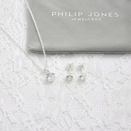 Silver Plated Round Solitaire Bridal Set Created with Zircondia® Crystals - Philip Jones Jewellery