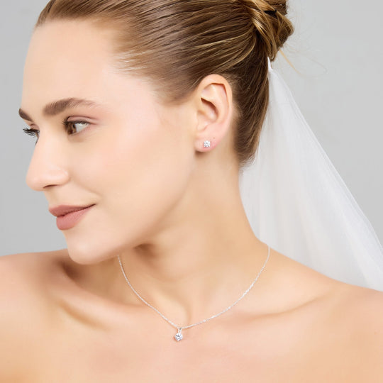 Silver Plated Round Solitaire Bridal Set Created with Zircondia® Crystals - Philip Jones Jewellery
