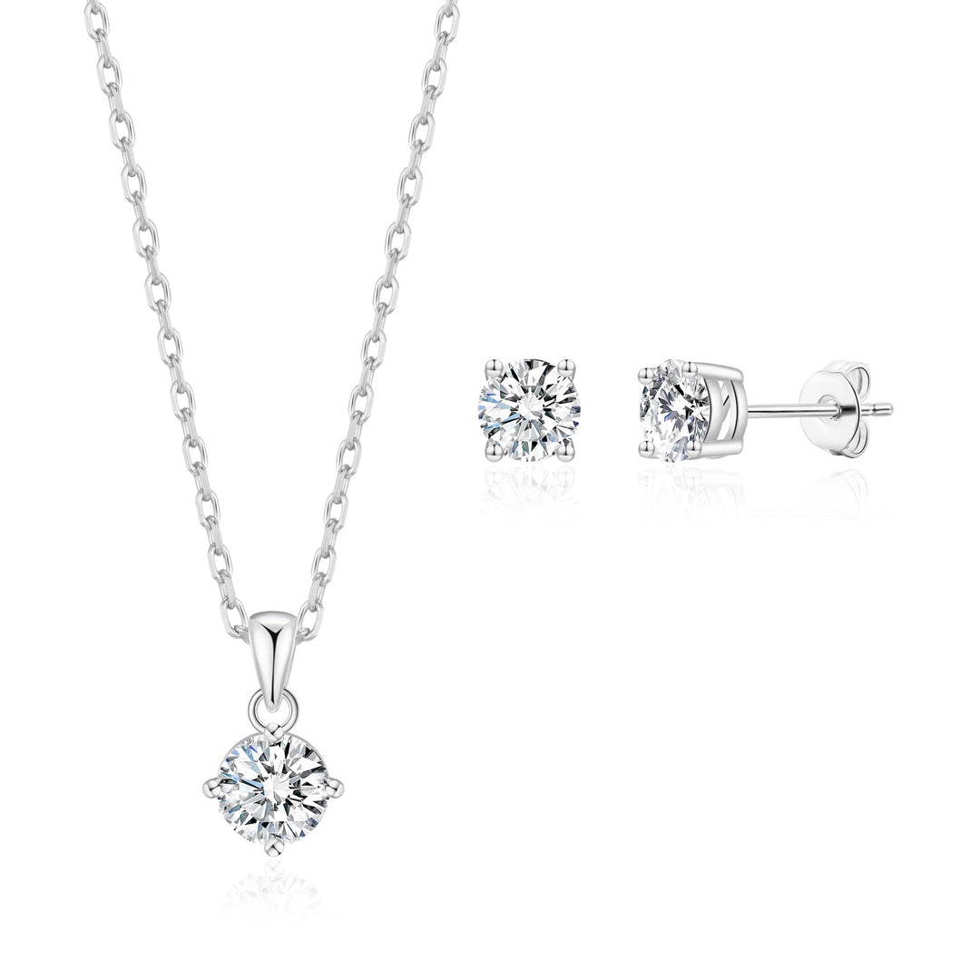 Silver Plated Round Solitaire Set Created with Zircondia® Crystals - Philip Jones Jewellery
