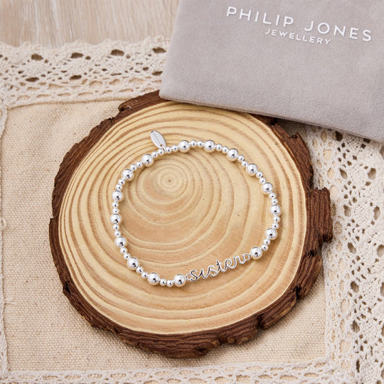 Silver Plated Sister Beaded Stretch Bracelet - Philip Jones Jewellery