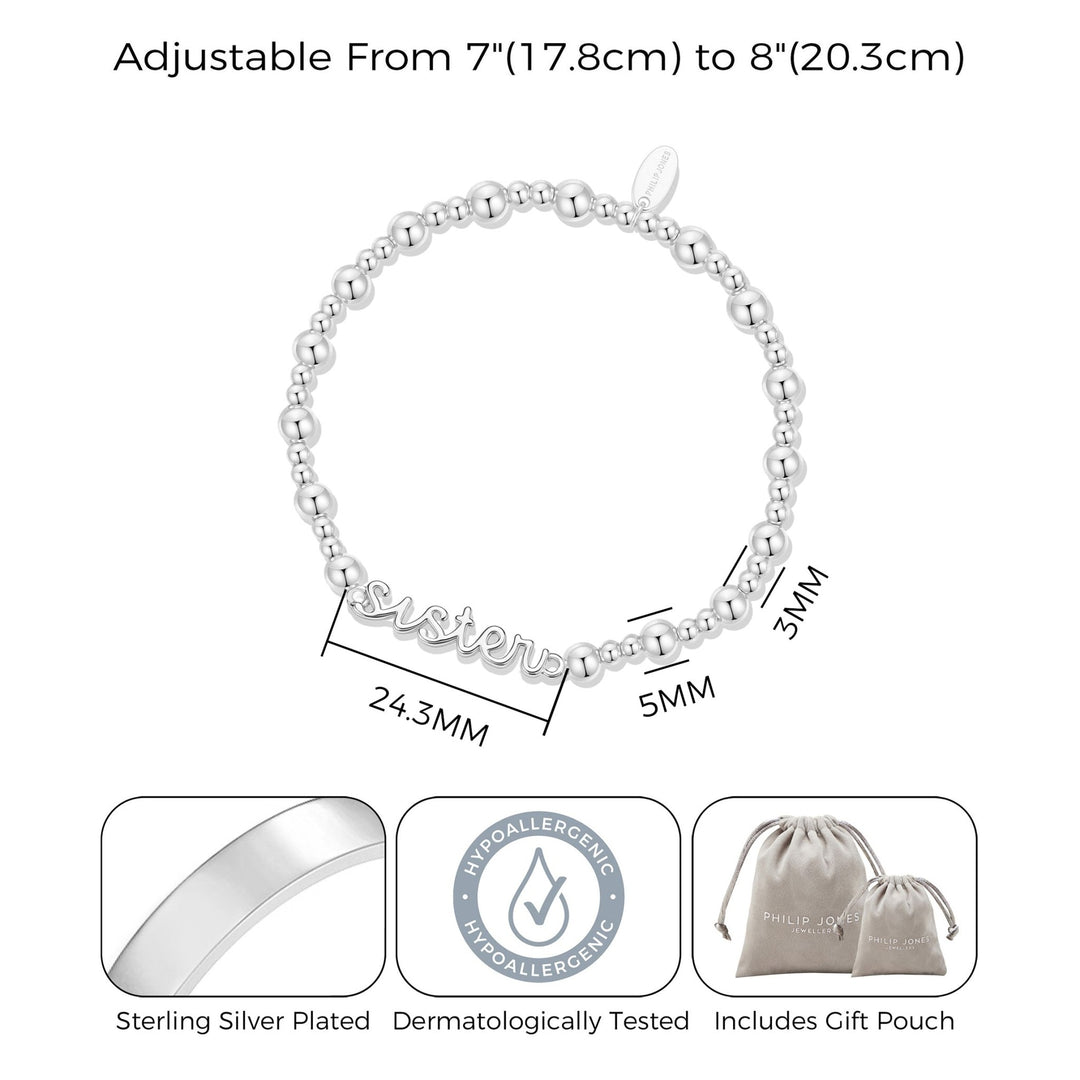 Silver Plated Sister Beaded Stretch Bracelet - Philip Jones Jewellery