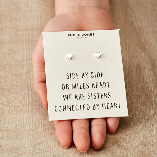 Silver Plated Sister Heart Stud Earrings with Quote Card - Philip Jones Jewellery