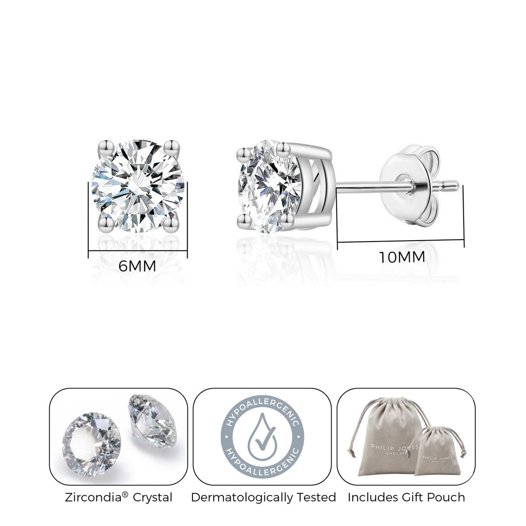 Silver Plated Solitaire Crystal Stud Earrings Created with Zircondia® Crystals - Philip Jones Jewellery