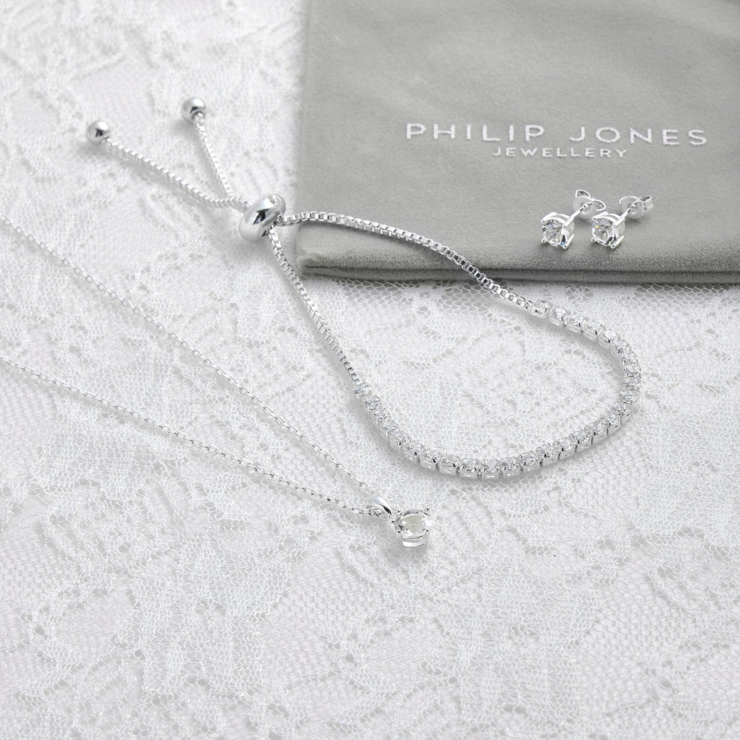 Silver Plated Solitaire Friendship Bridal Set Created with Zircondia® Crystals - Philip Jones Jewellery