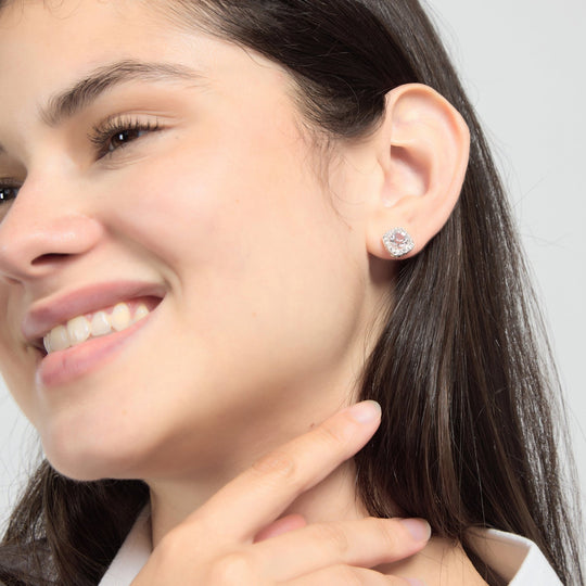 Silver Plated Square Halo Earrings Created with Zircondia® Crystals