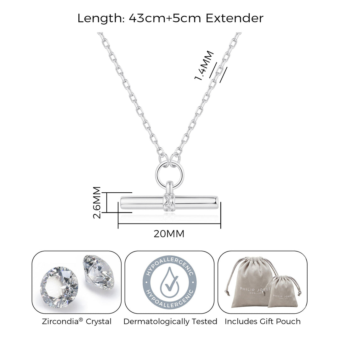 Silver Plated T-Bar Necklace Created with Zircondia® Crystals - Philip Jones Jewellery