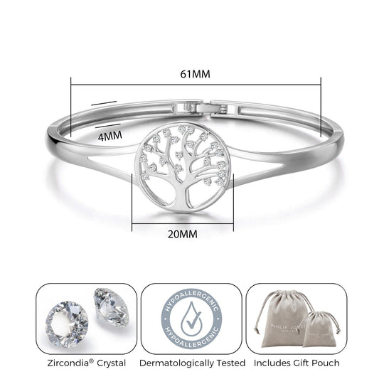 Silver Plated Tree of Life Bangle Created with Zircondia® Crystals (7 Inch) - Philip Jones Jewellery