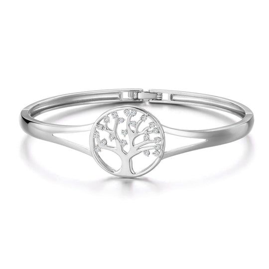 Silver Plated Tree of Life Bangle Created with Zircondia® Crystals (7 Inch) - Philip Jones Jewellery