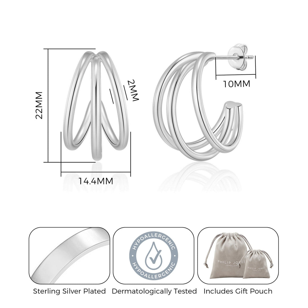 Silver Plated Triple Illusion Hoop Earrings - Philip Jones Jewellery
