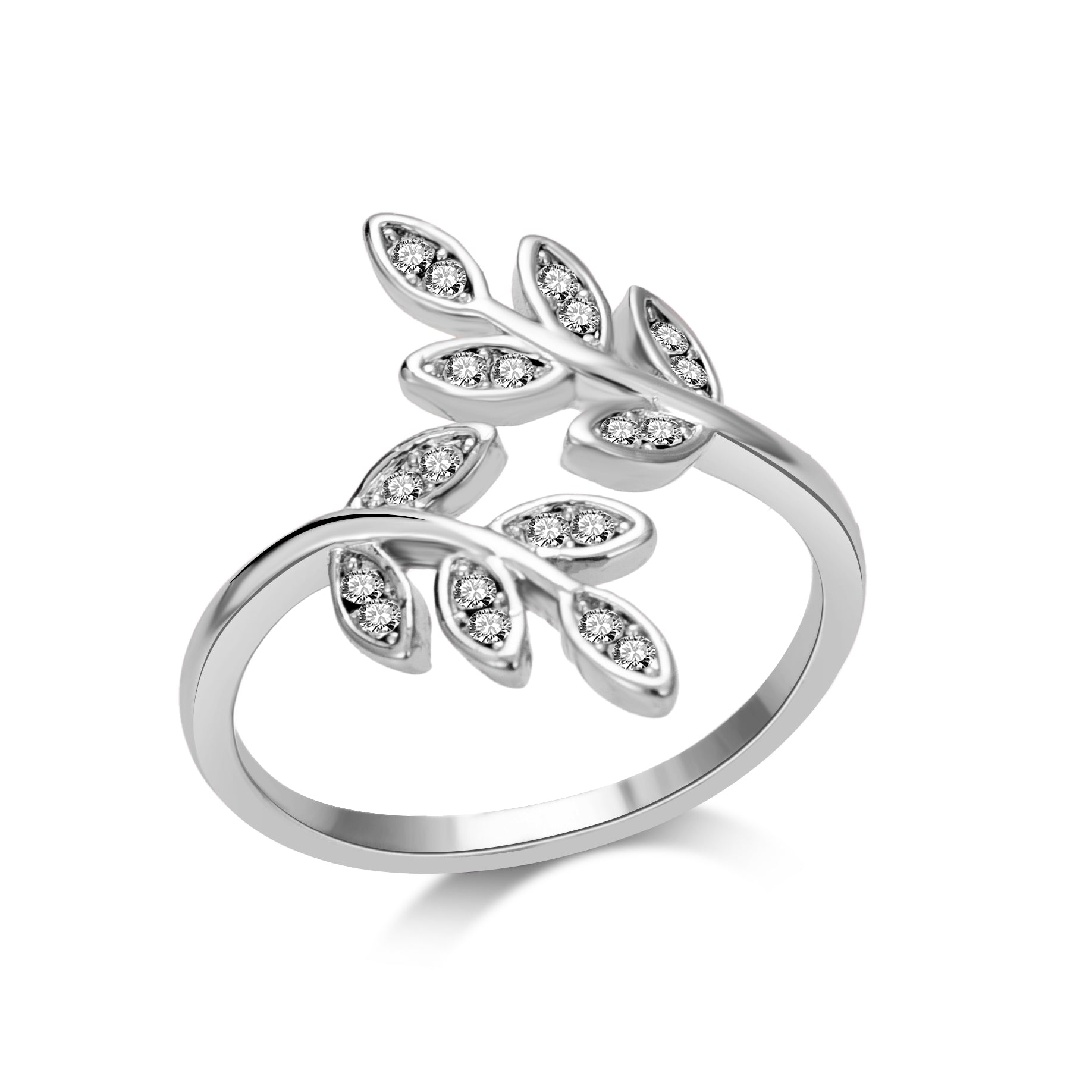 Silver Plated Leaf Ring Created with Zircondia® Crystals