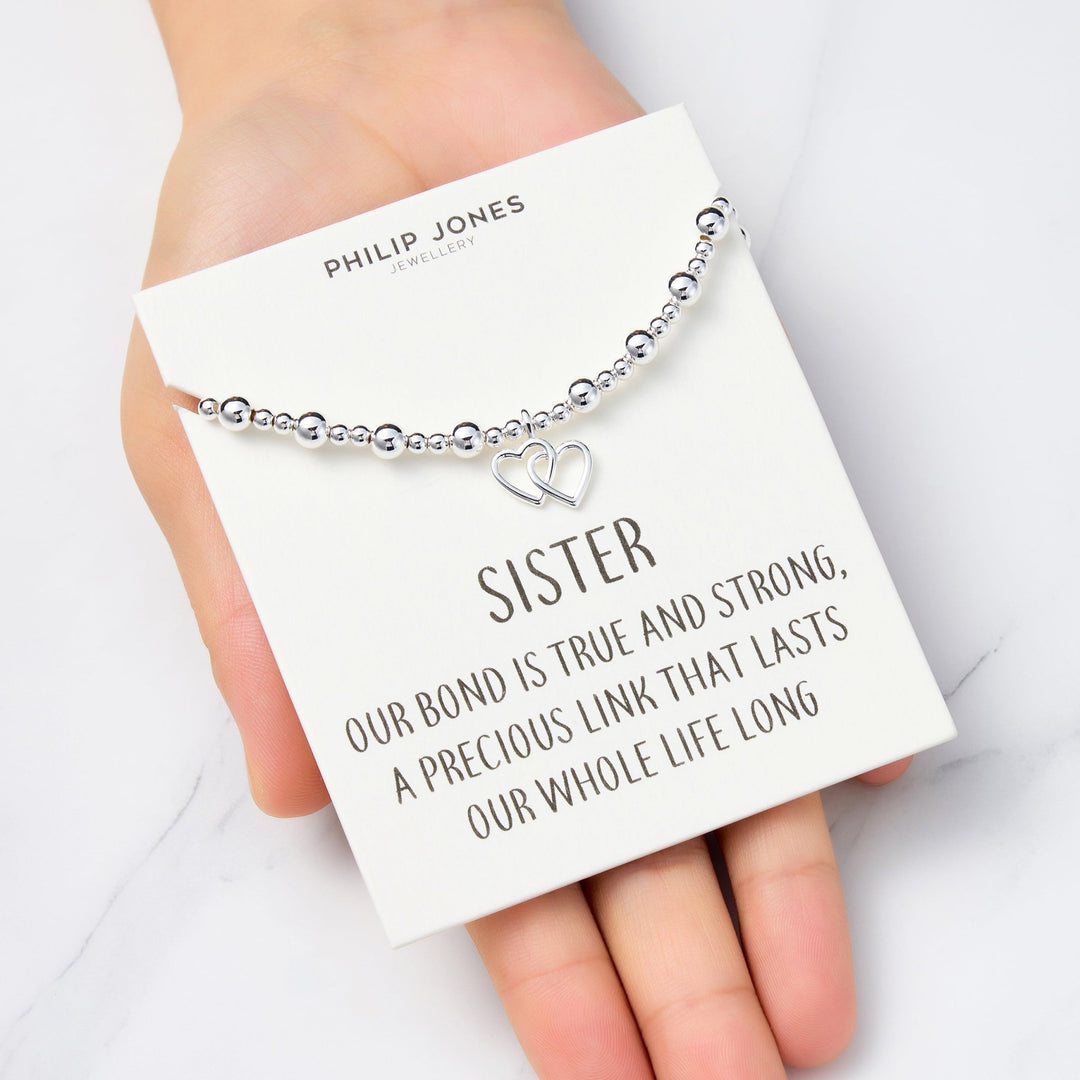 Sister Heart Link Beaded Stretch Bracelet with Quote Card