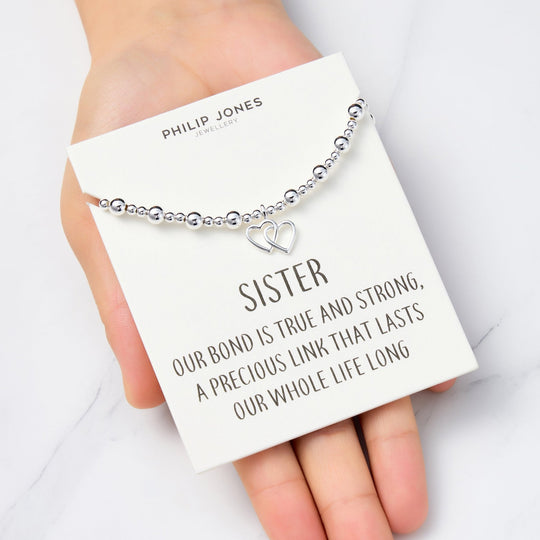 Sister Heart Link Beaded Stretch Bracelet with Quote Card