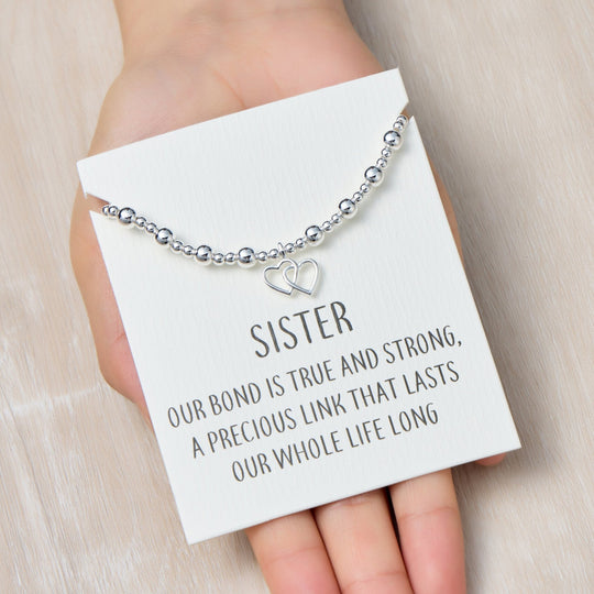 Sister Heart Link Beaded Stretch Bracelet with Quote Card - Philip Jones Jewellery