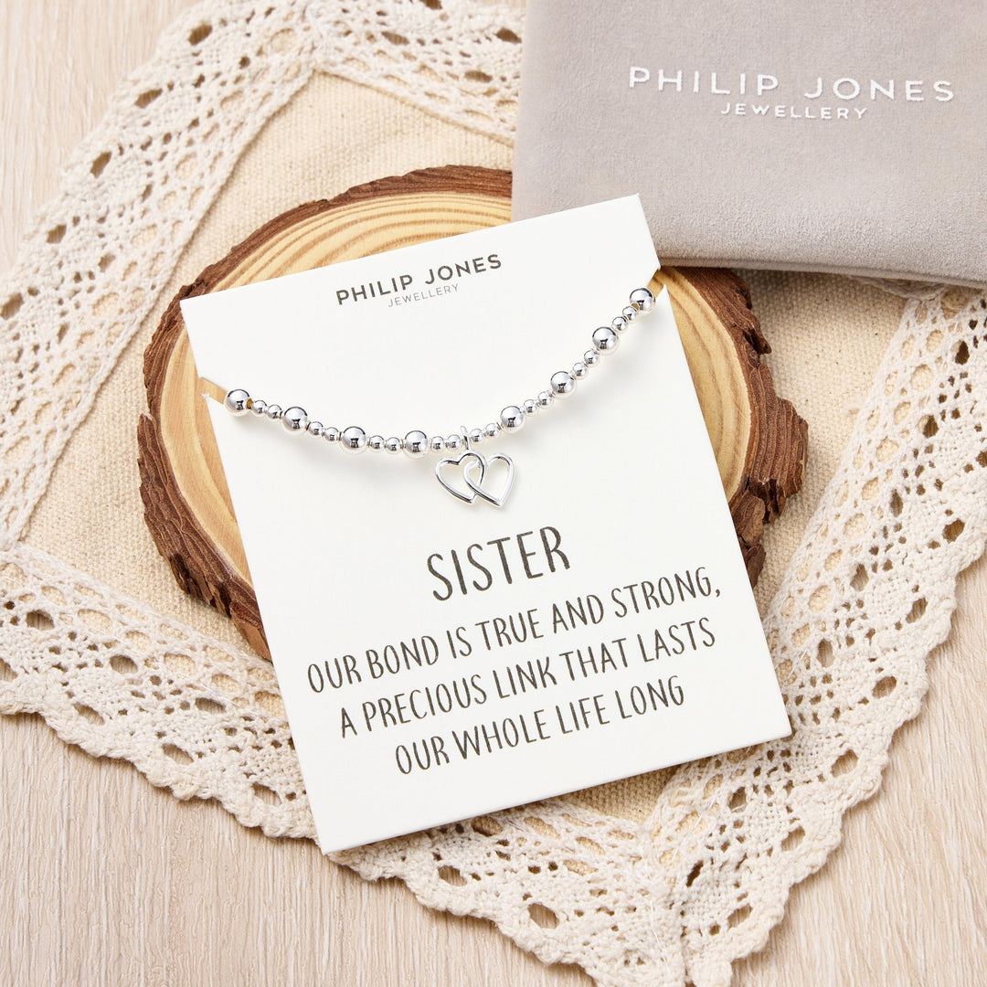 Sister Heart Link Beaded Stretch Bracelet with Quote Card