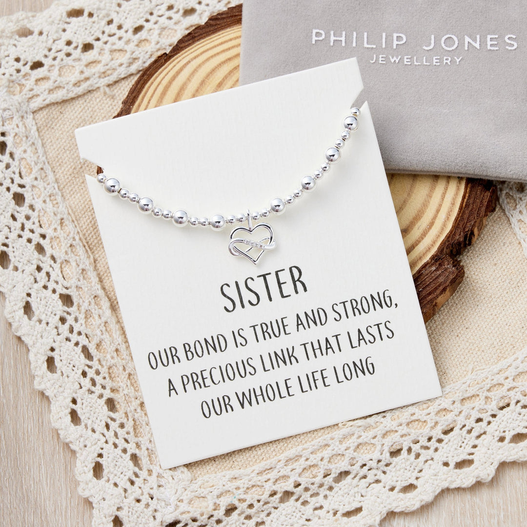 Sister Infinity Heart Beaded Stretch Bracelet with Quote Card