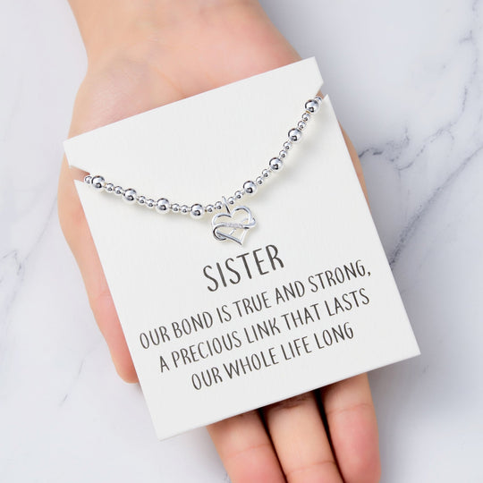 Sister Infinity Heart Beaded Stretch Bracelet with Quote Card