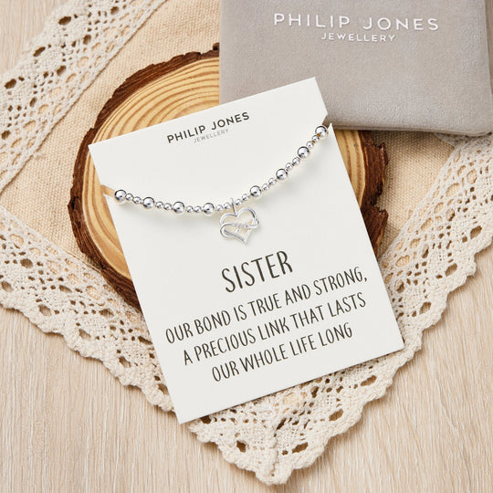Sister Infinity Heart Beaded Stretch Bracelet with Quote Card